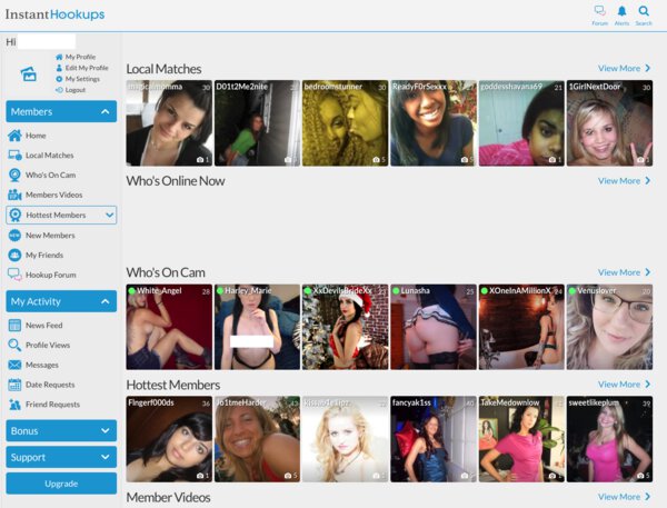 InstantHookups home, showing local matches, cams, and member videos
