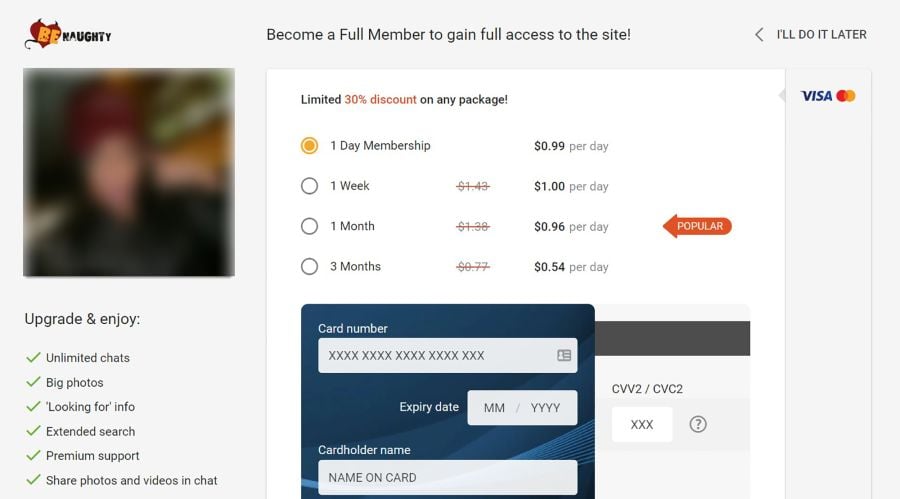 BeNaughty pricing and payment form