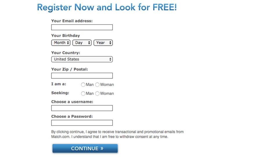 Match.com signup form